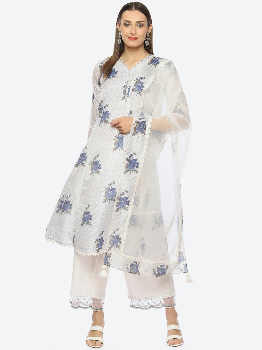 

Biba Floral Printed V Neck Empire Kurta with Palazzos & Dupatta, Off white