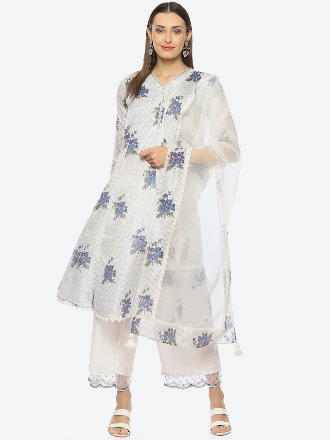

Biba Women Floral Printed Kurta With Palazzos & Dupatta, Off white