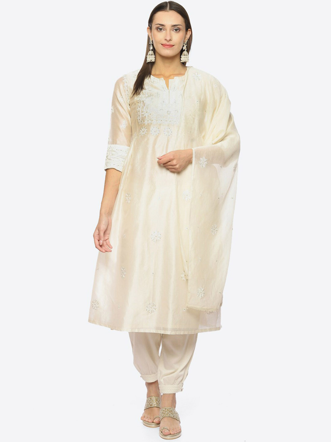 

Biba Floral Embroidered Sequinned Kurta With Salwar & Dupatta, Off white