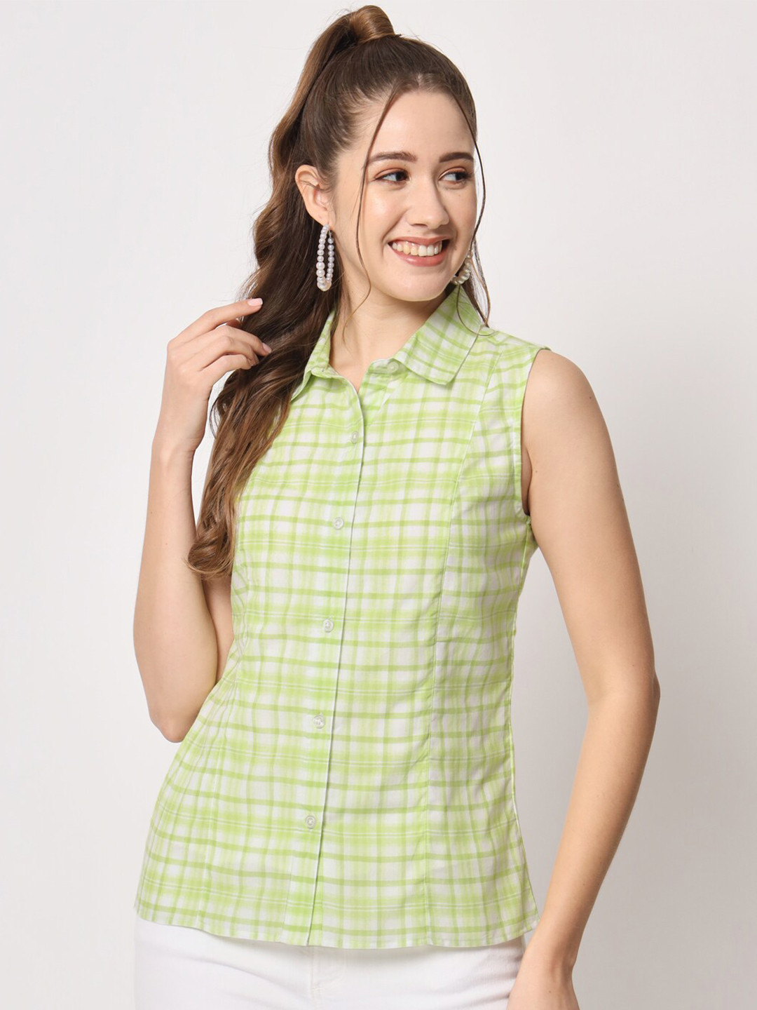 

CHARMGAL Checked Printed Shirt Style Pure Cotton Top, Green