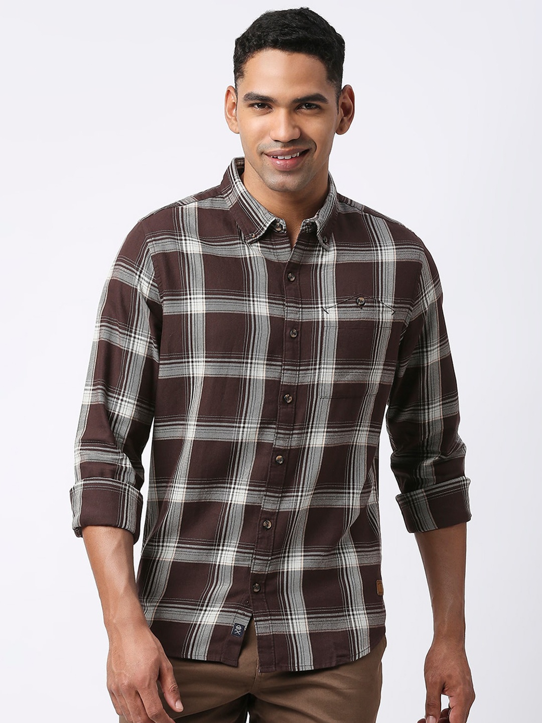 

Thomas Scott Men Premium Slim Fit Tartan Checks Casual Pure Cotton Shirt, Brown