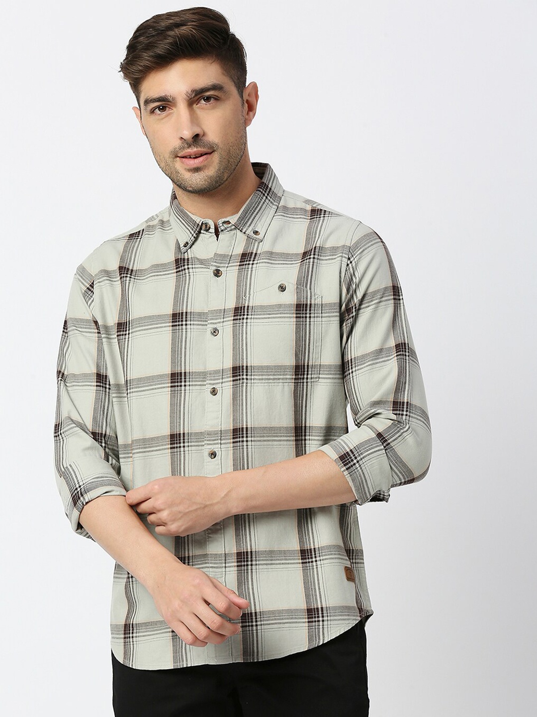 

Thomas Scott Men Premium Slim Fit Tartan Checks Casual Pure Cotton Shirt, Grey