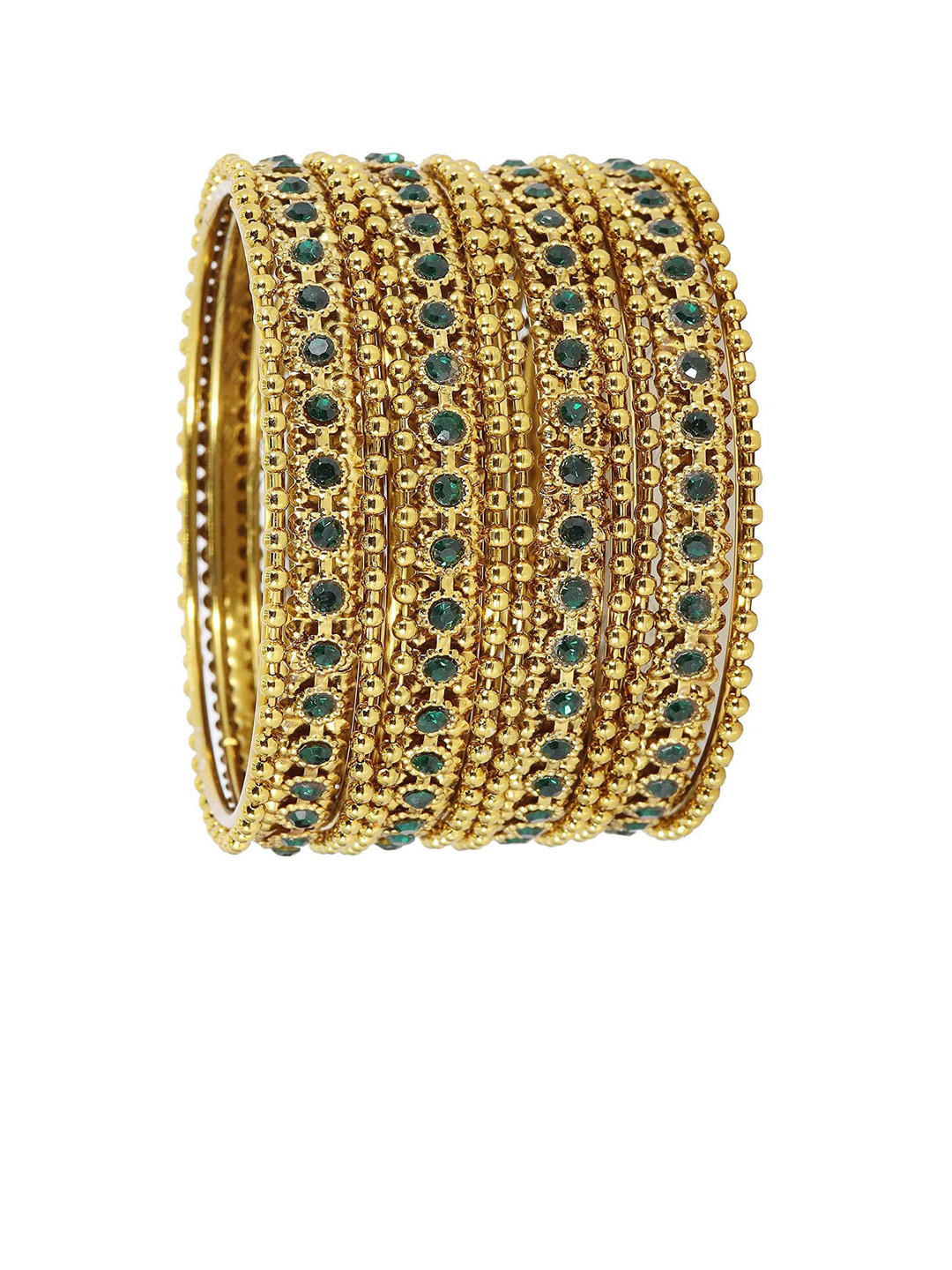 

NMII Set Of 12 Gold-Plated CZ-Studded & Beaded Glossy With Ballchain Bangles, Green