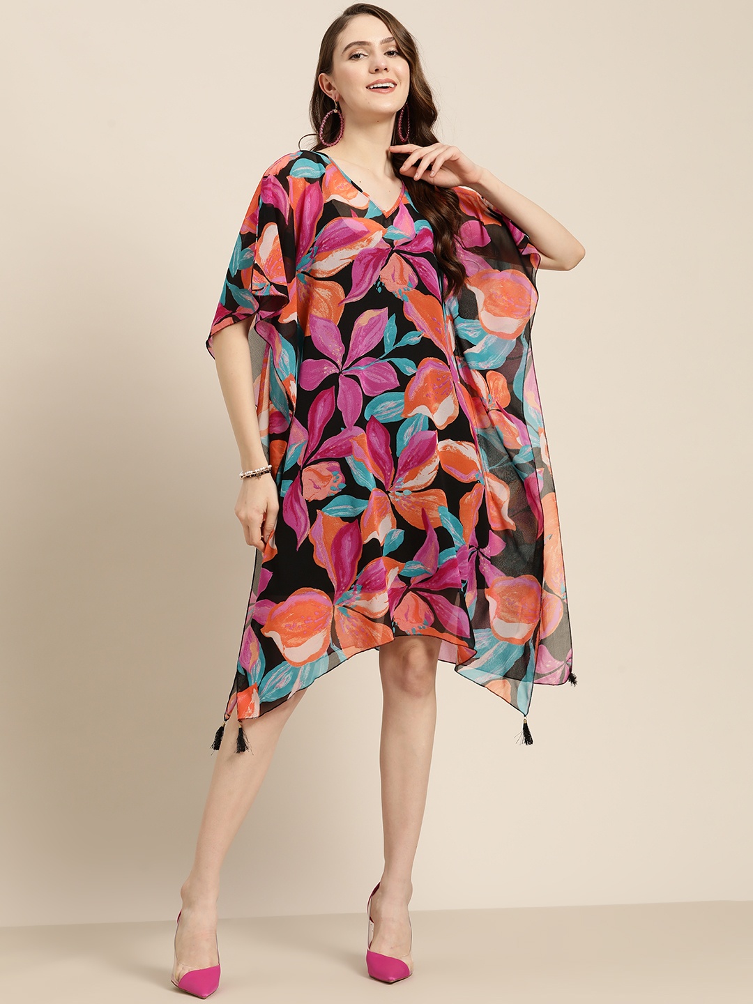 

Qurvii Floral Georgette Kaftan Dress, Magenta