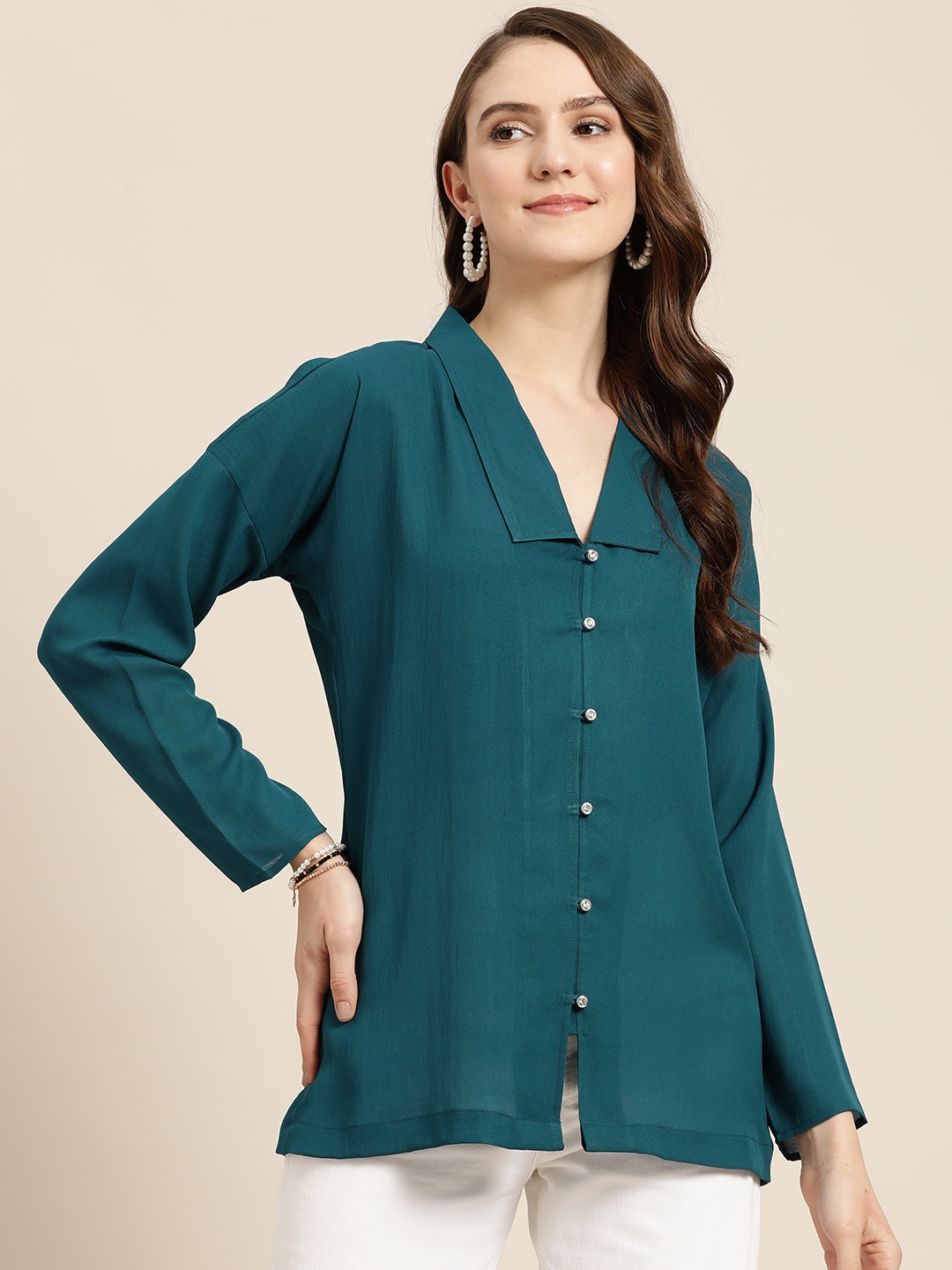 

Qurvii Shirt Style Longline Top, Teal