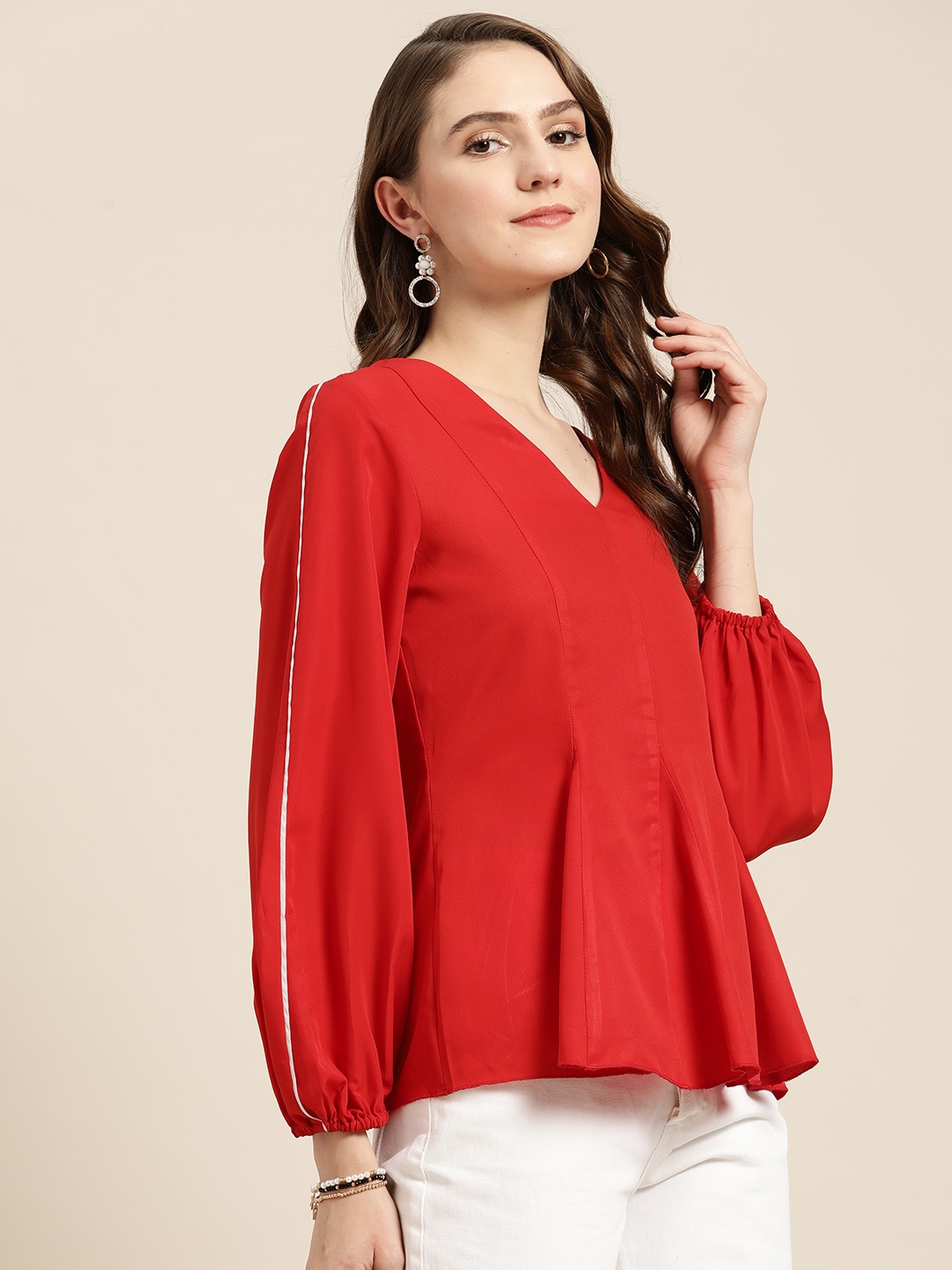 

Qurvii Puff Sleeves Peplum Top, Red