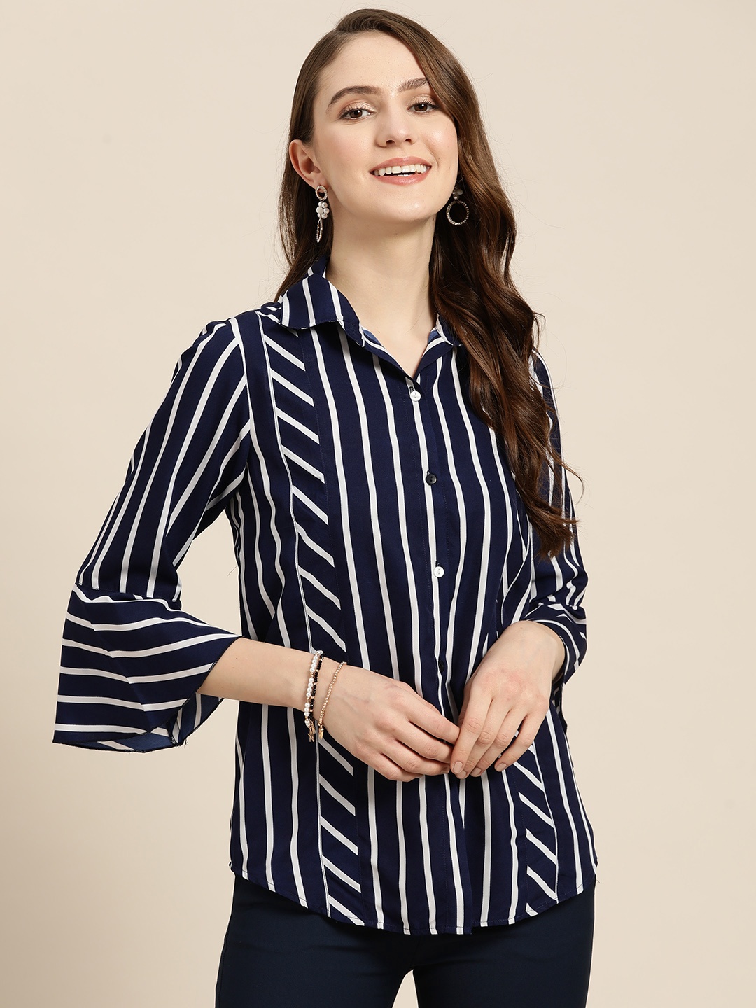 

Qurvii Women Comfort Striped Bell Sleeves Casual Shirt, Navy blue