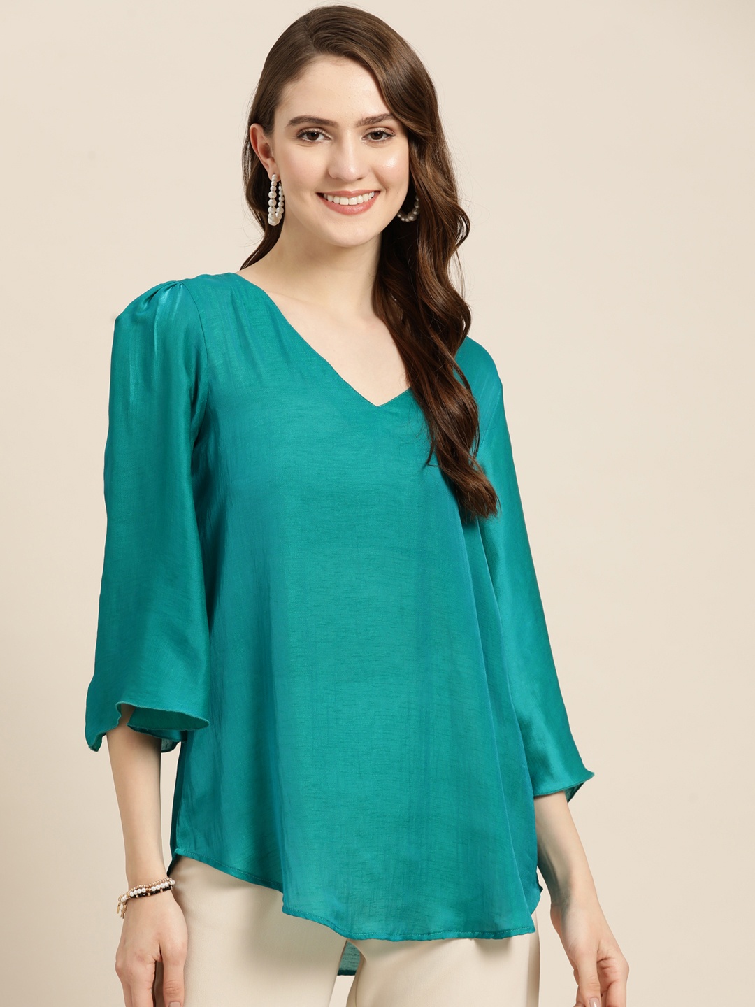 

Qurvii Flared Sleeves Longline Top, Turquoise blue