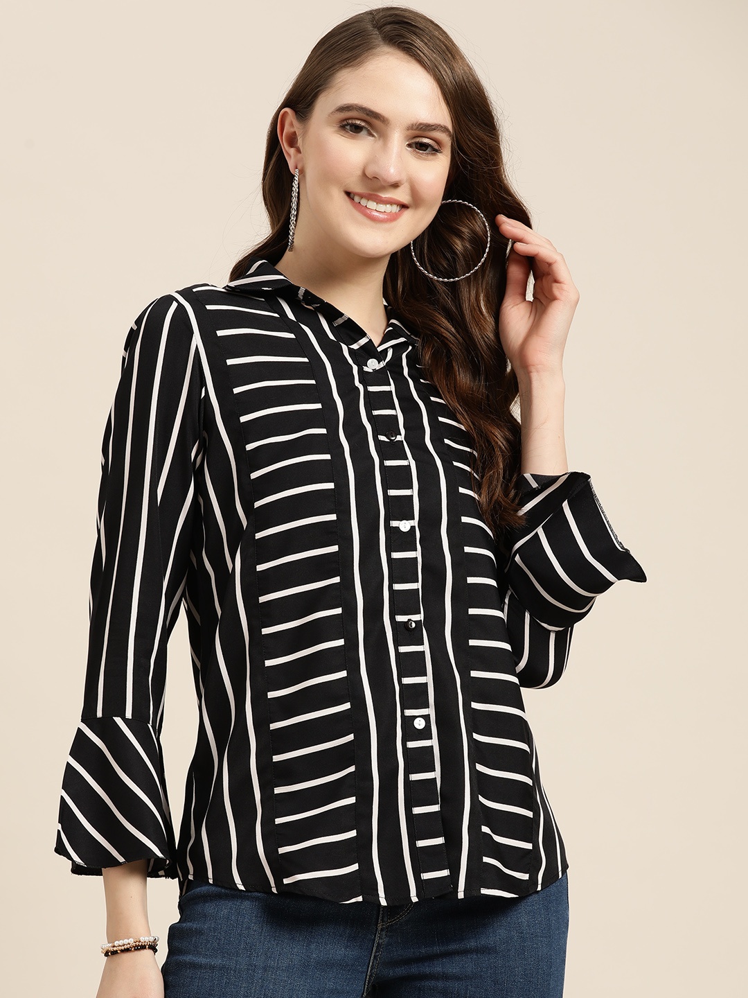 

Qurvii Women Comfort Striped Bell Sleeves Casual Shirt, Black