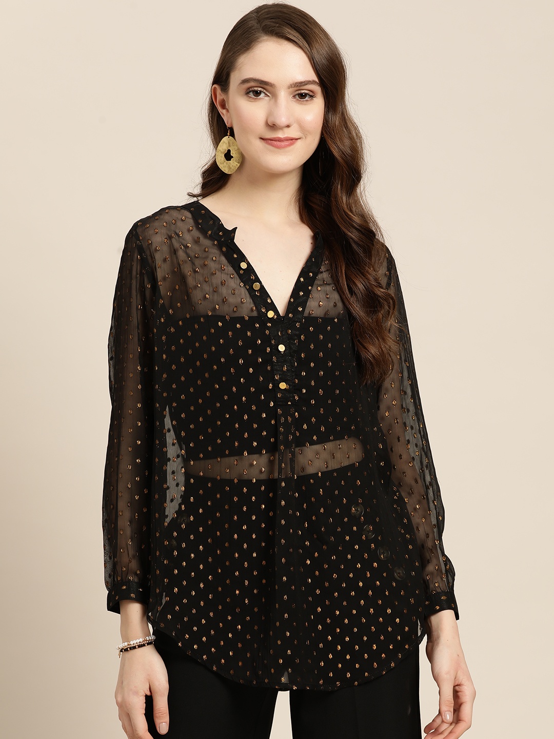 

Qurvii Women Comfort Sheer Puff Sleeves Party Shirt, Black