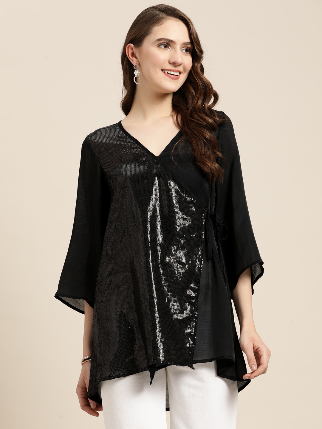 

Qurvii Embellished Flared Sleeves Wrap Longline Top, Black