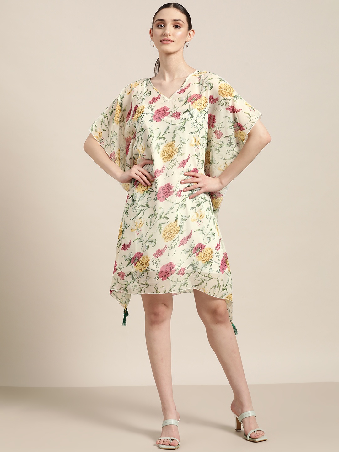 

Qurvii Floral Georgette Kaftan Dress, Off white