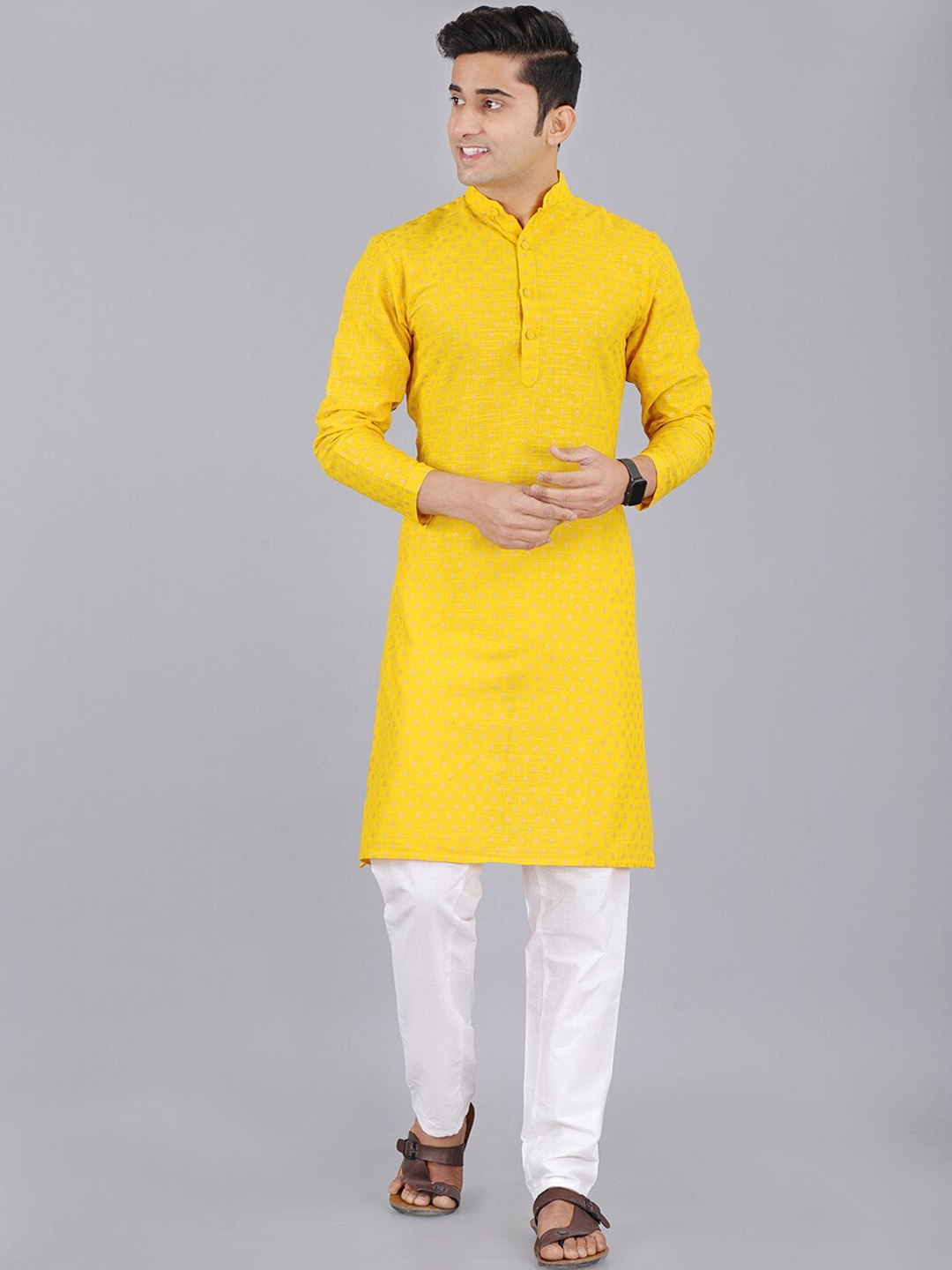 

ORTANGE Ethnic Motif Printed Mandarin Collar Pure Cotton Kurta with Trousers, Yellow