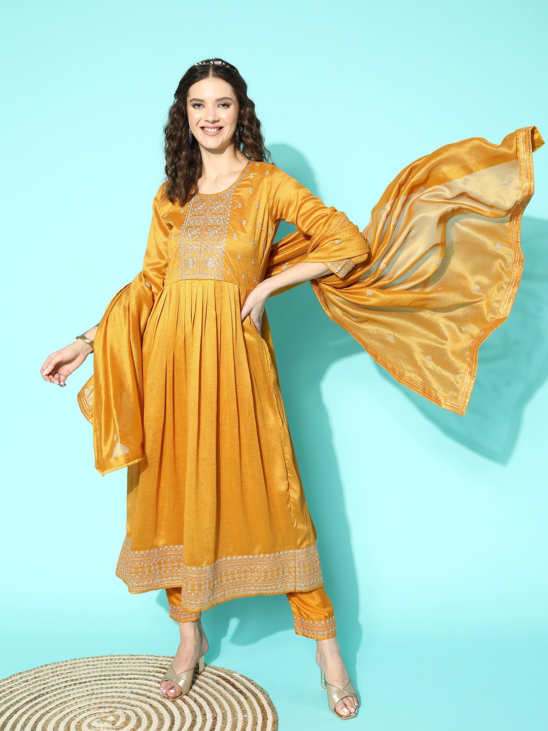

Kvsfab Floral Embroidered Kurta with Trousers & Dupatta, Yellow