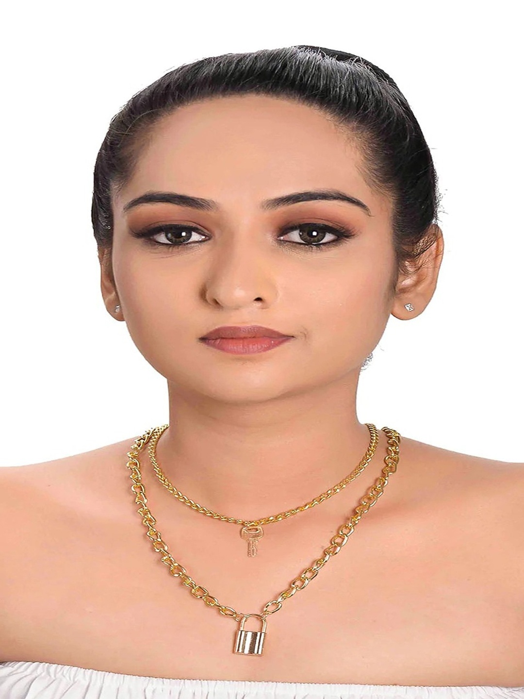 

Pinapes Set of 2 Lock Key Design Double Layered Necklace, Gold
