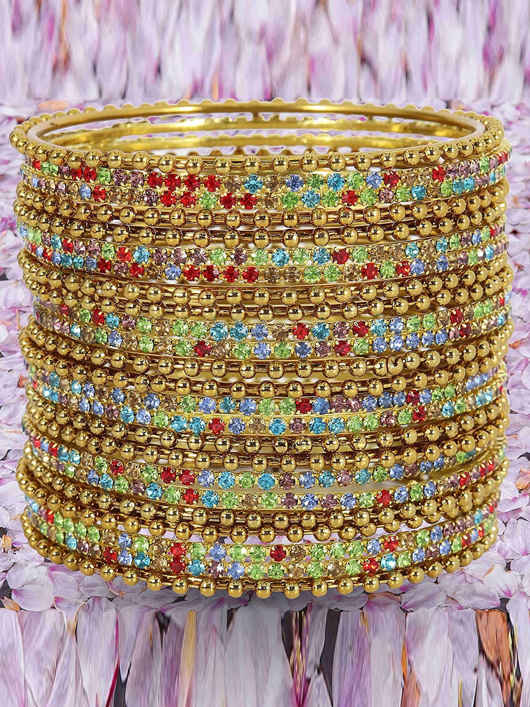 

NMII Set Of 24 Stone-Studded & Linked with Ball Chain Bangles, Gold