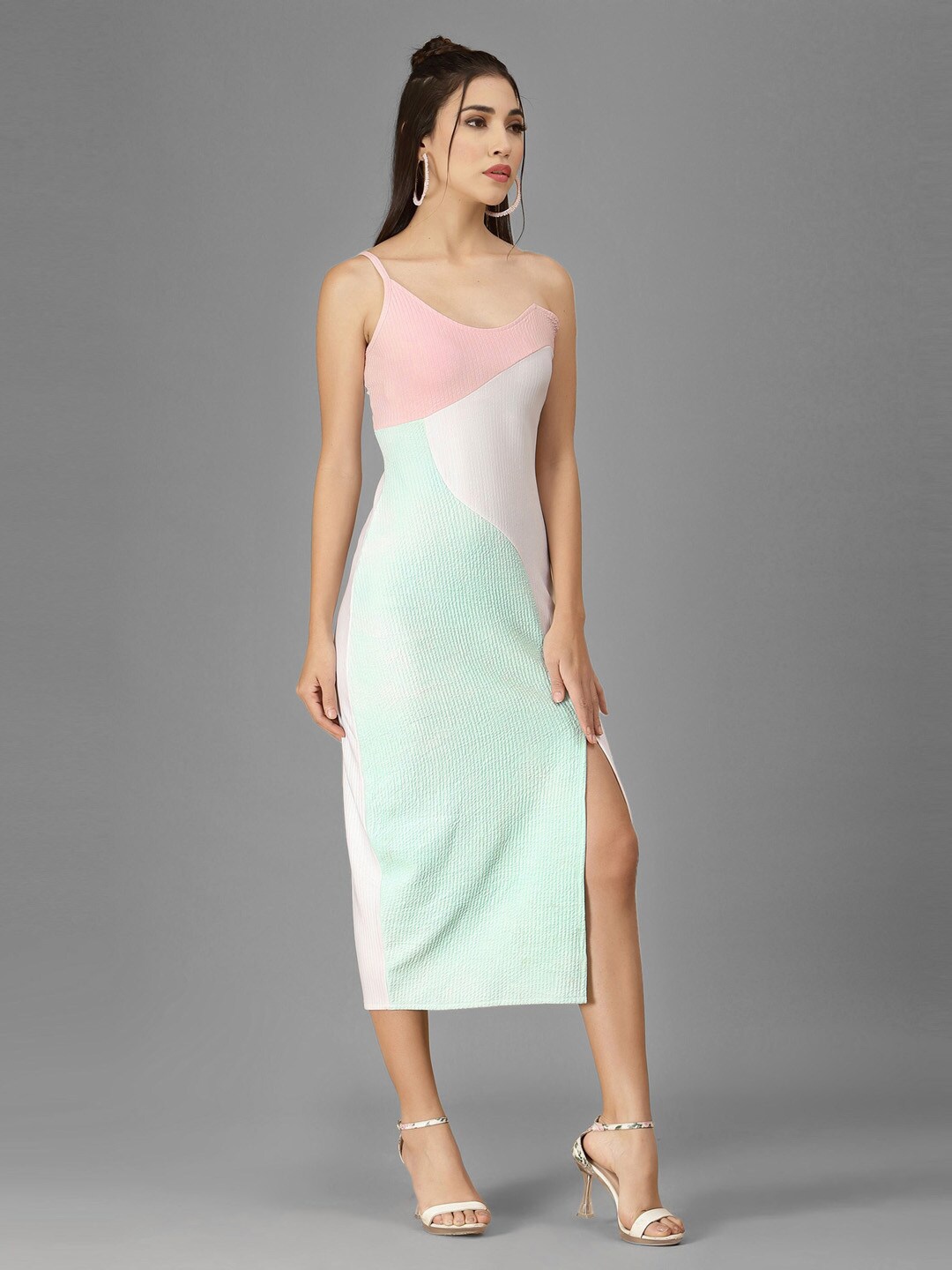 

Selvia Colourblocked Shoulder Straps Side Slit Sheath Midi Dress, Green