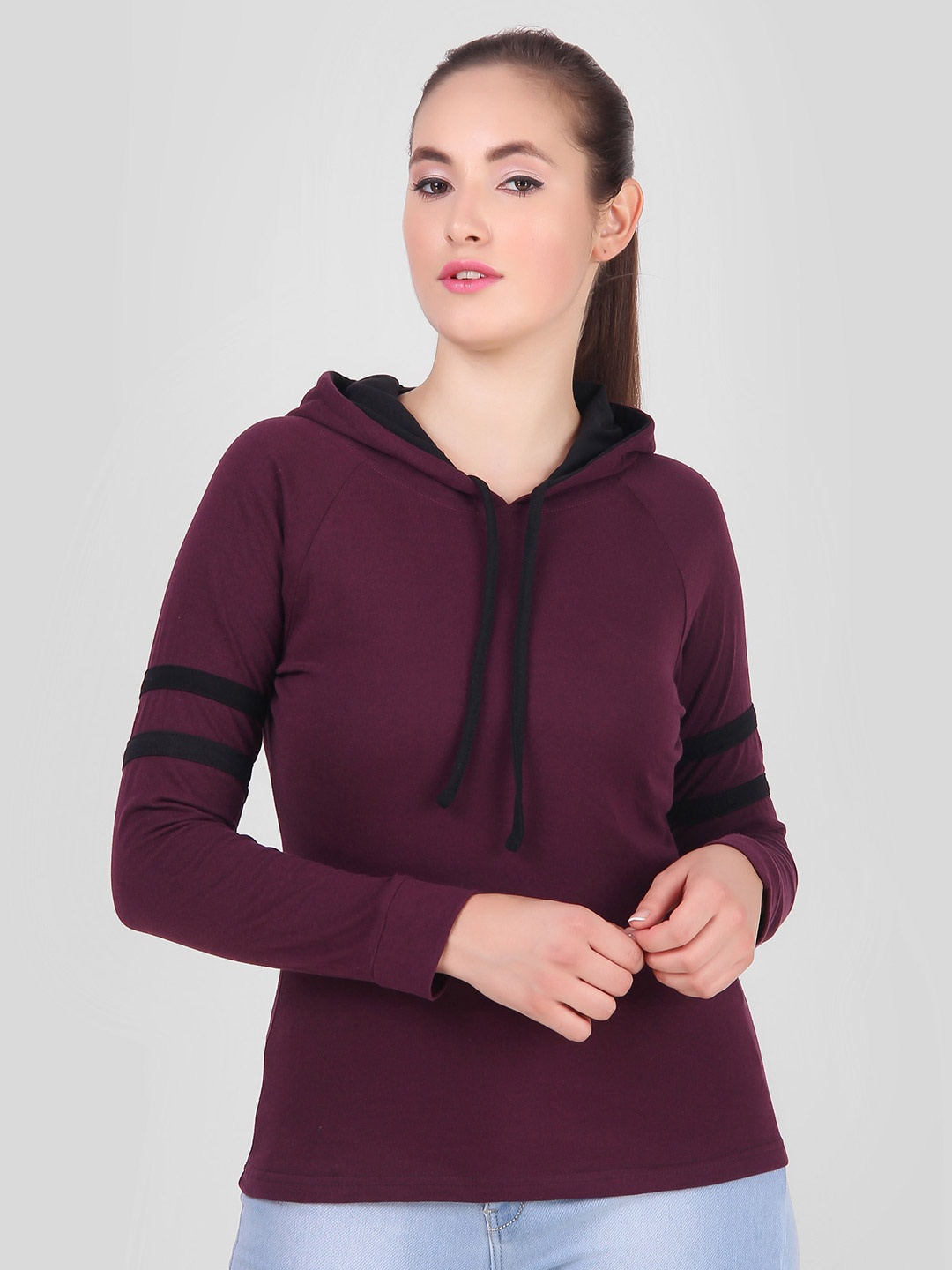 

DIAZ Women Full Sleeve Tie Detail Hooded Sweatshirt, Maroon