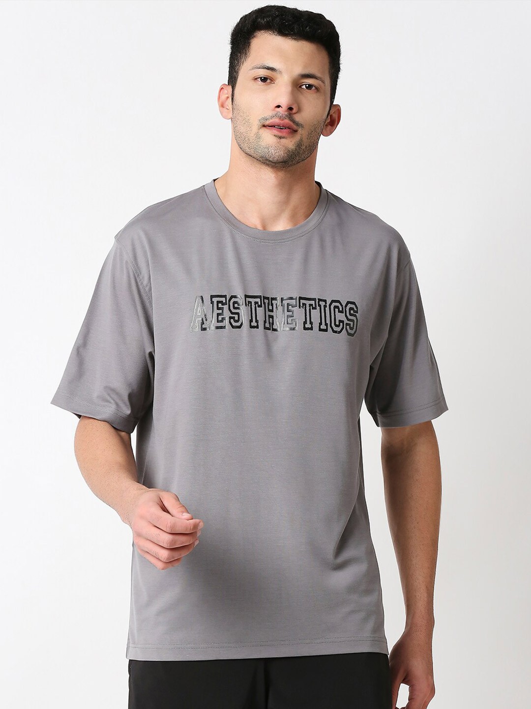 

AESTHETIC NATION Typography Printed Anti Odour Oversized T-shirt, Grey