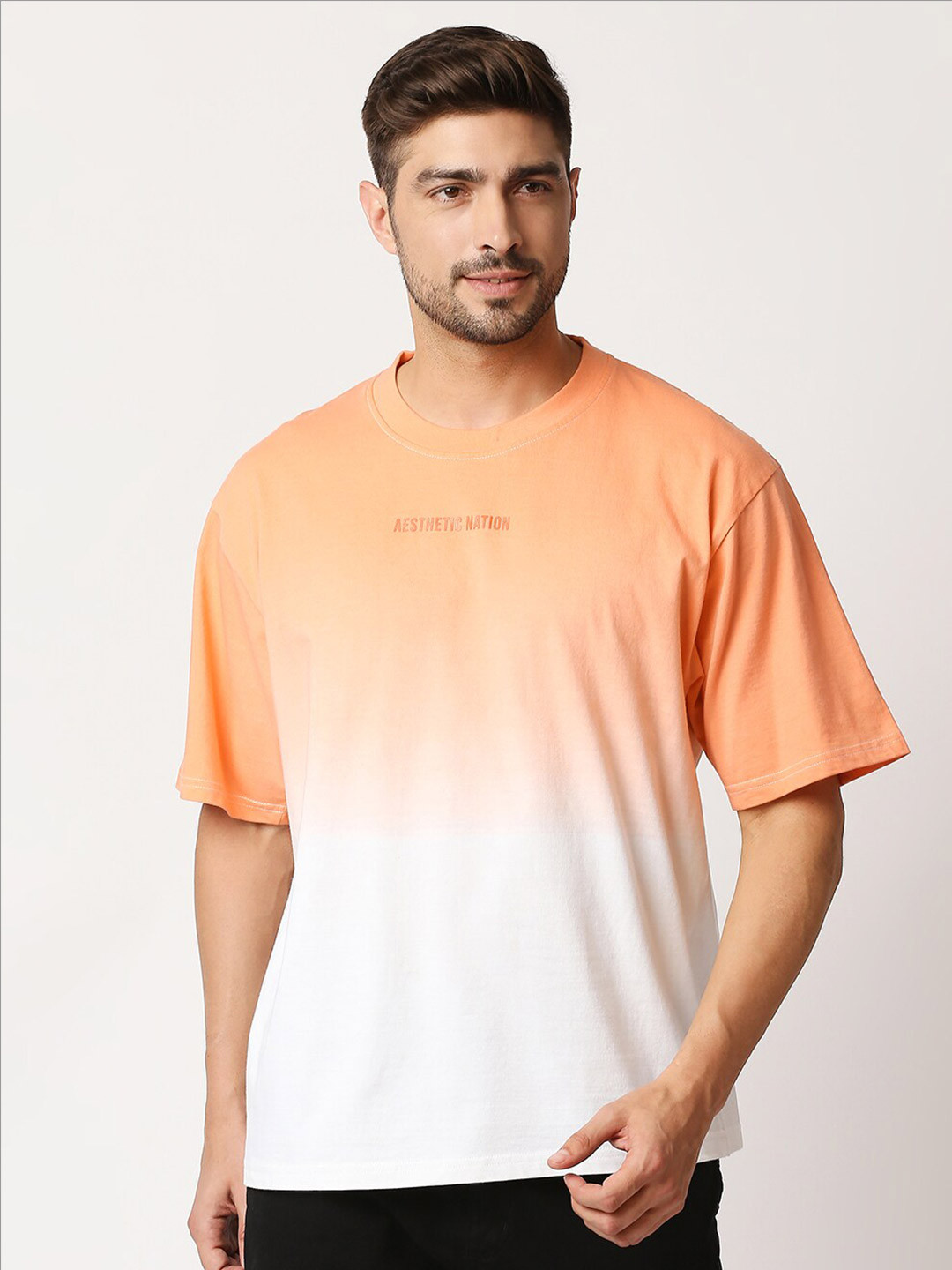 

AESTHETIC NATION High Neck Ombre Dyed Anti Odour Oversize Cotton T-shirt, Orange