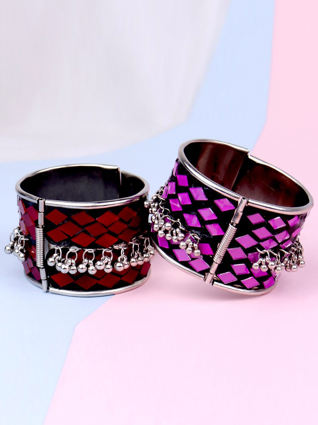 

Krelin Set of 2 Sterling Silver Oxidised Cuff Bracelet, Red
