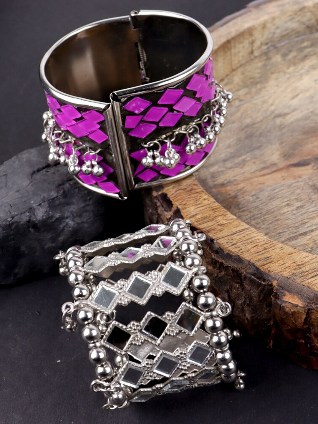 

Krelin Set Of 2 Sterling Silver Oxidised Cuff Bracelet, Pink