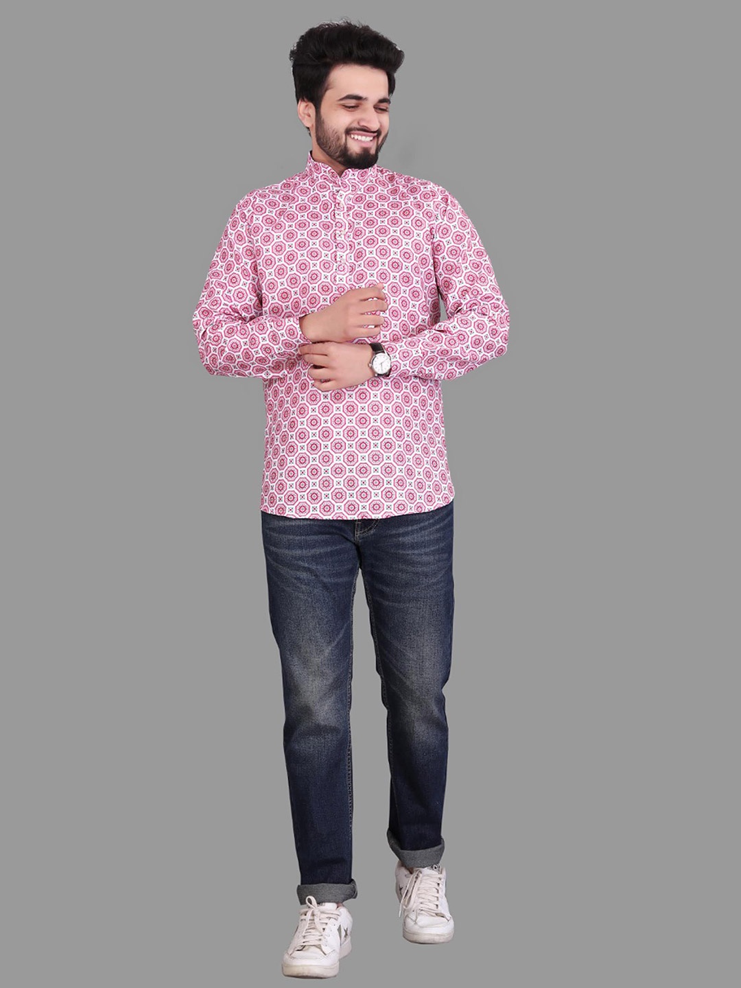 

Fashion FRICKS Men Classic Ethnic Motif Printed Casual Cotton Shirt, Pink