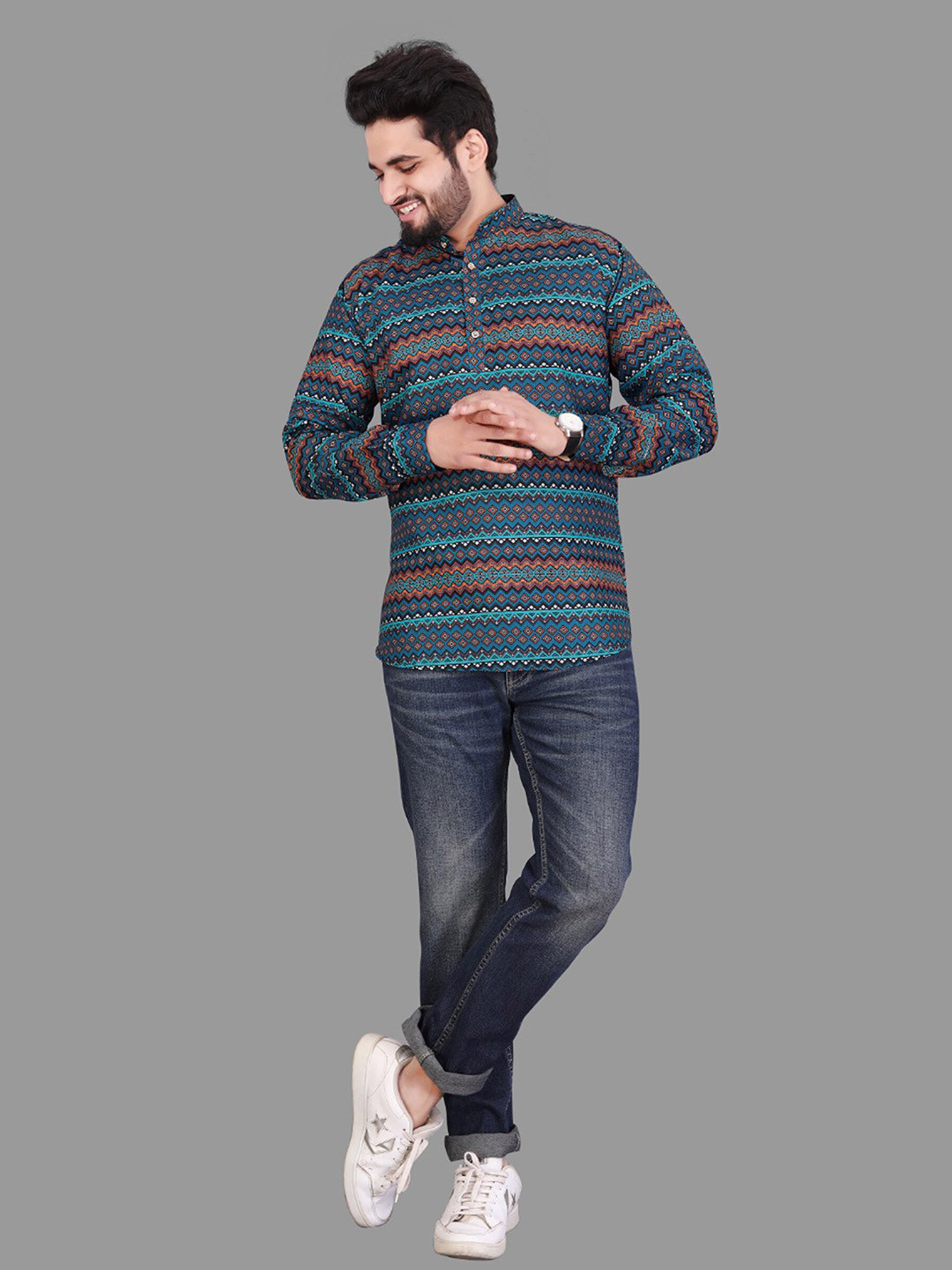 

Fashion FRICKS Mandarin Collar Classic Abstract Printed Casual Shirt, Blue