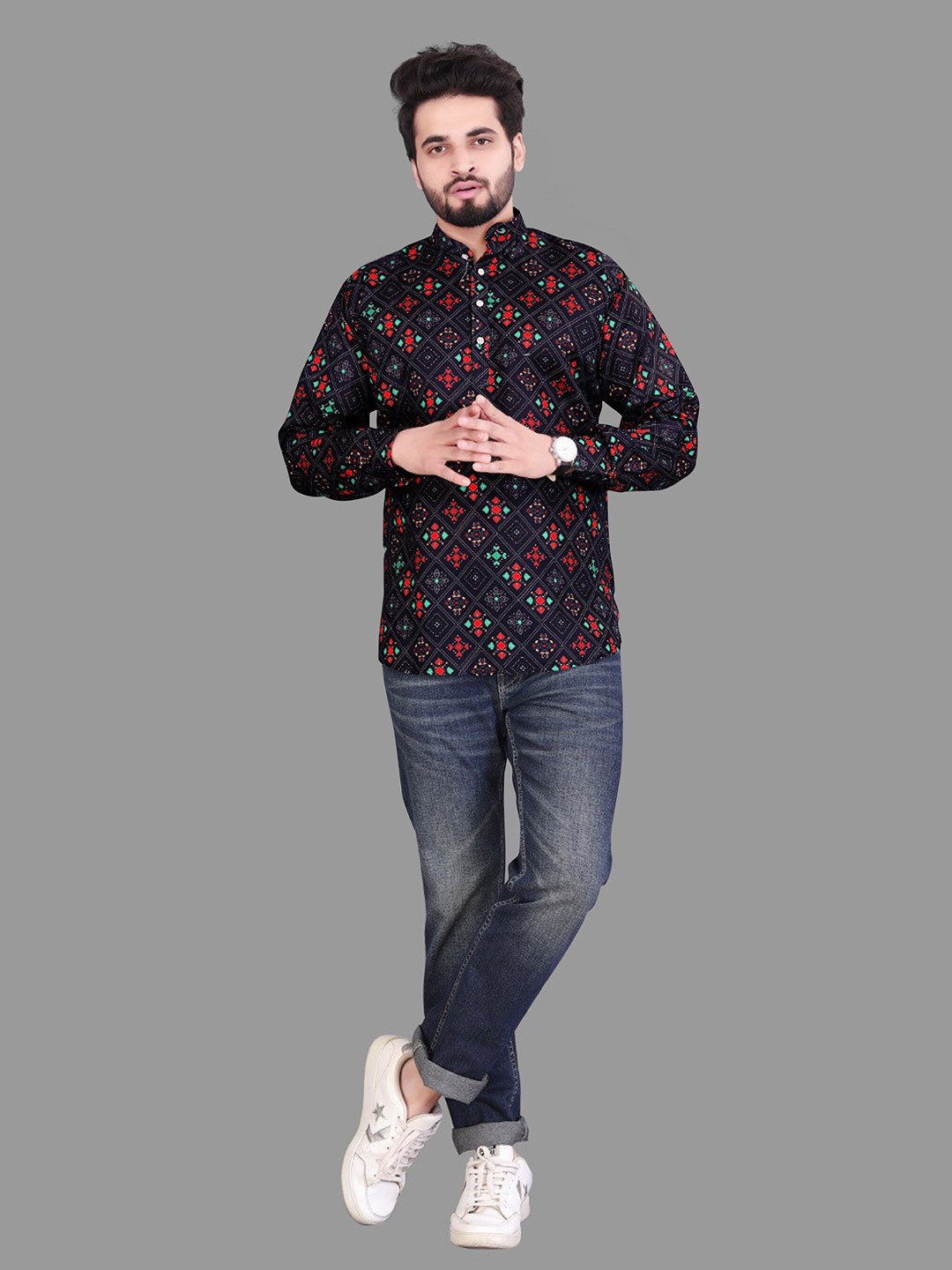 

Fashion FRICKS Ethnic Motif Printed Casual Cotton Shirt, Red