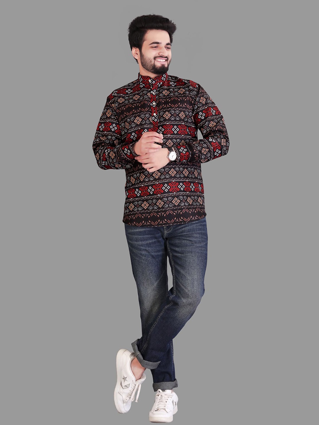 

Fashion FRICKS Ethnic Motif Printed Casual Shirt, Red