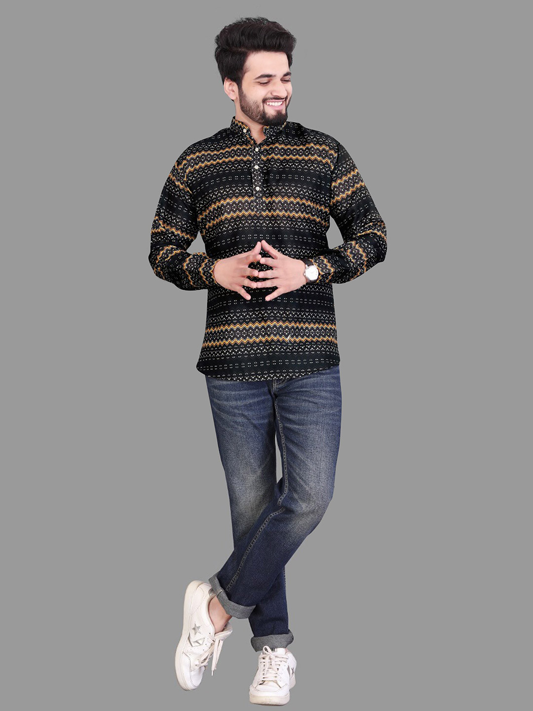 

Fashion FRICKS Men Classic Printed Casual Cotton Shirt, Black