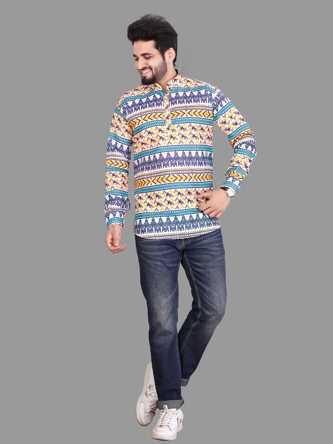 

Fashion FRICKS Men Classic Printed Casual Cotton Shirt, Blue