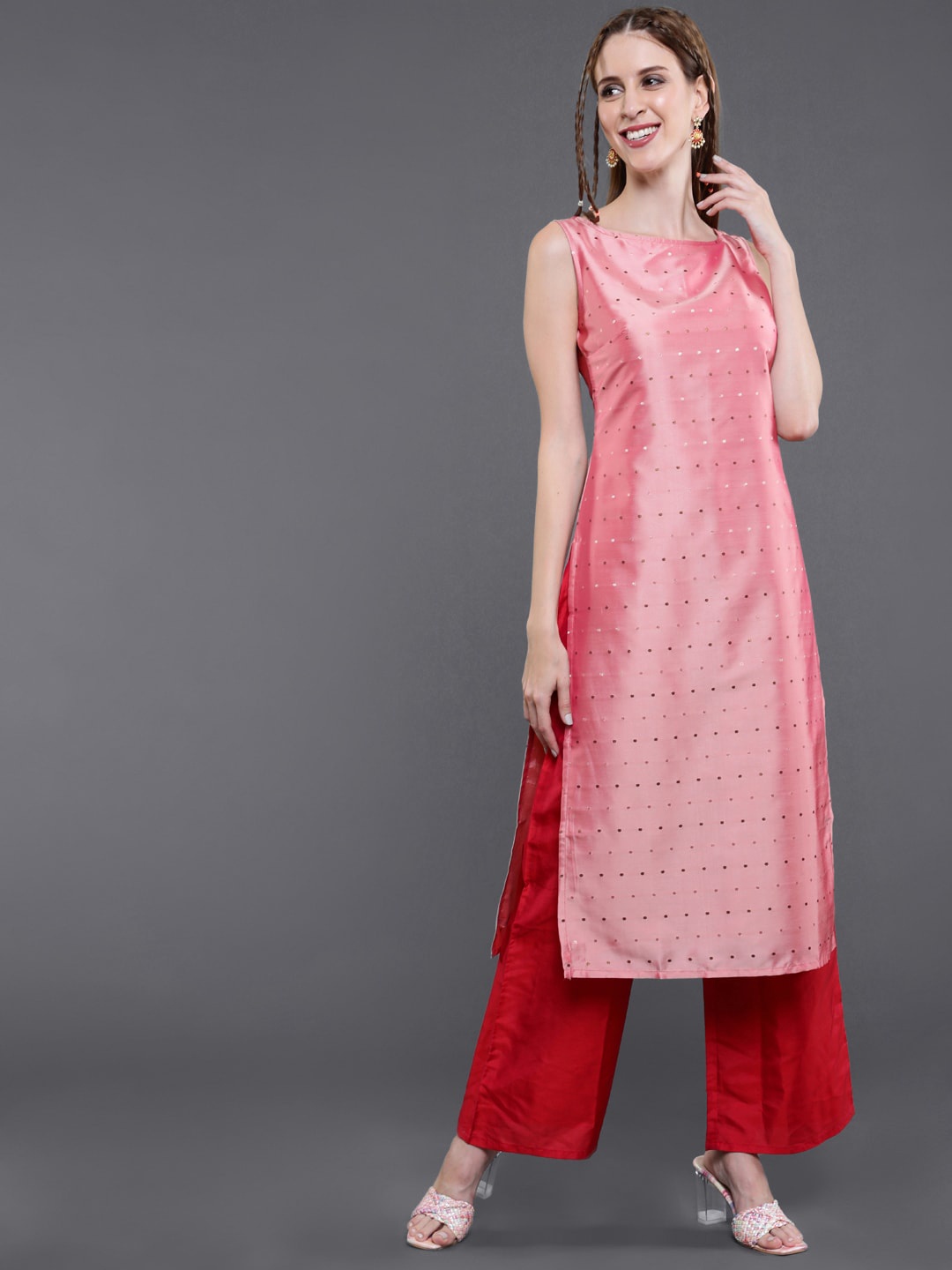 

saubhagya Women Polka Dots Printed Silk Kurta, Peach