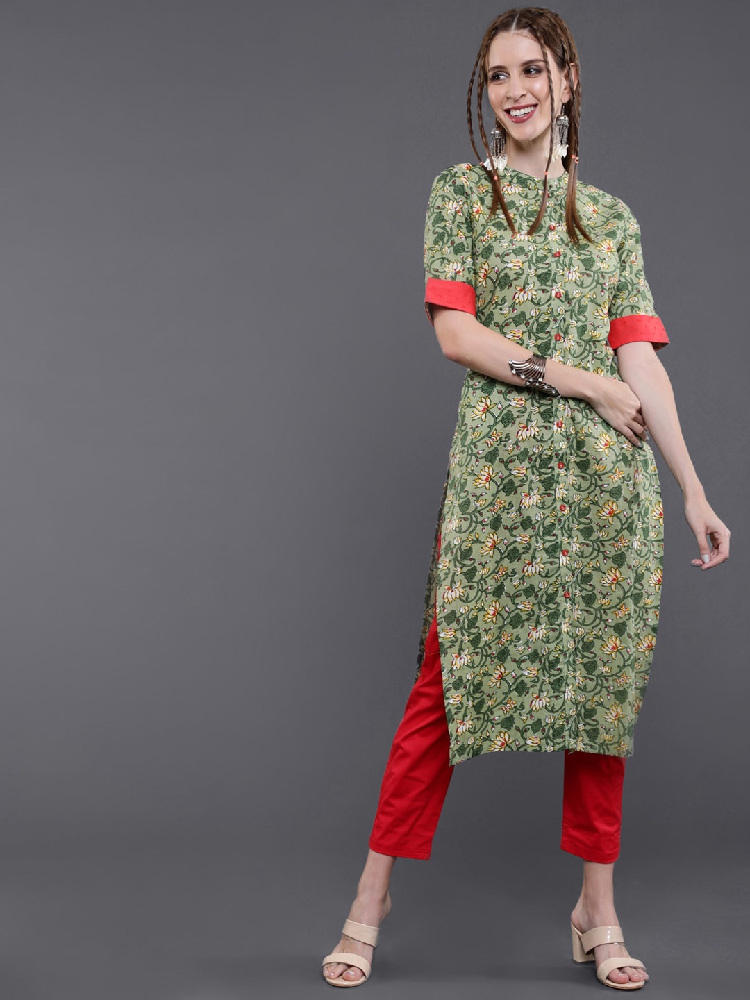 

saubhagya Women Floral Printed Cotton Kurta, Green