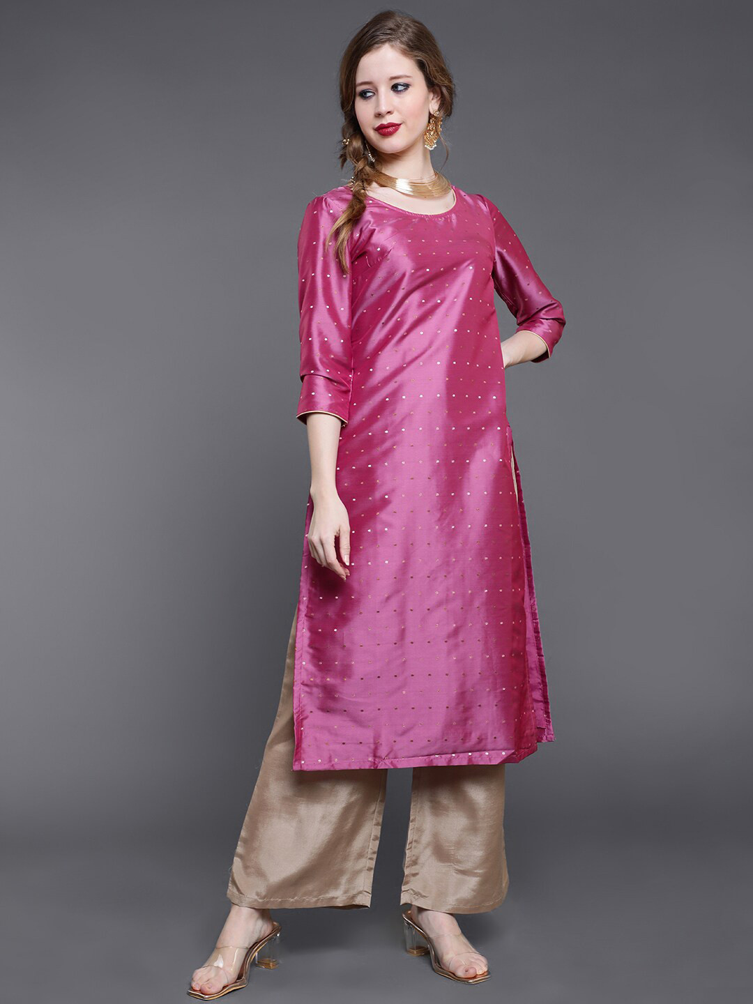 

saubhagya Women Printed Round Neck Kurta, Pink