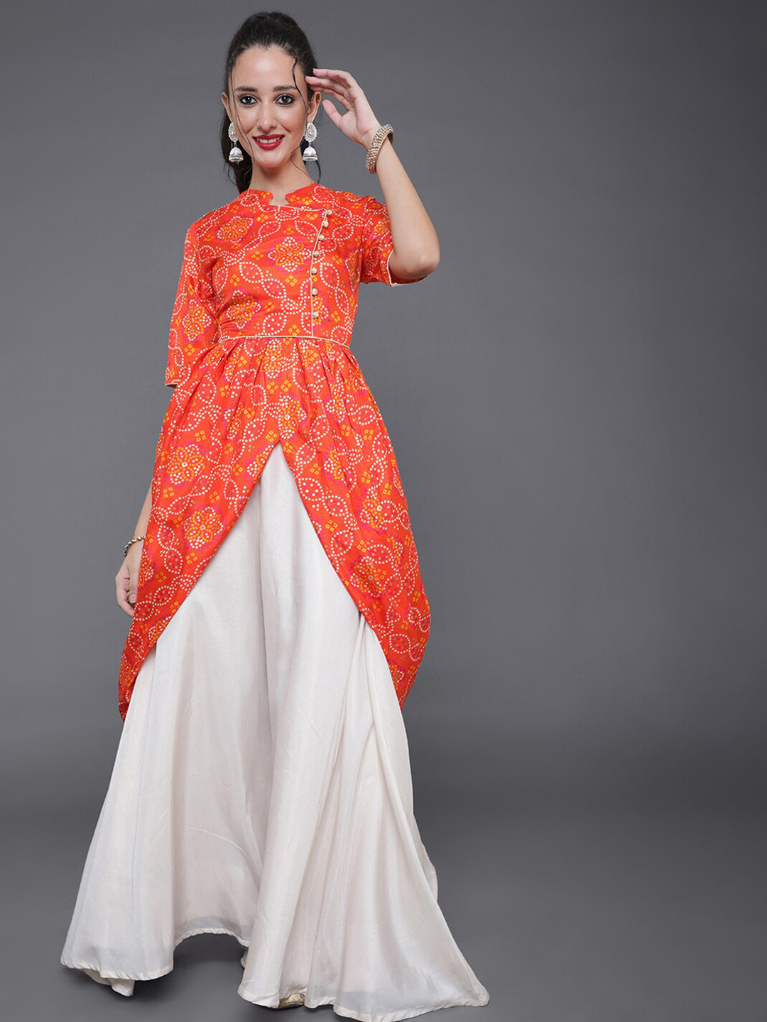 

saubhagya Women Bandhani Printed Angrakha Kurta, Orange