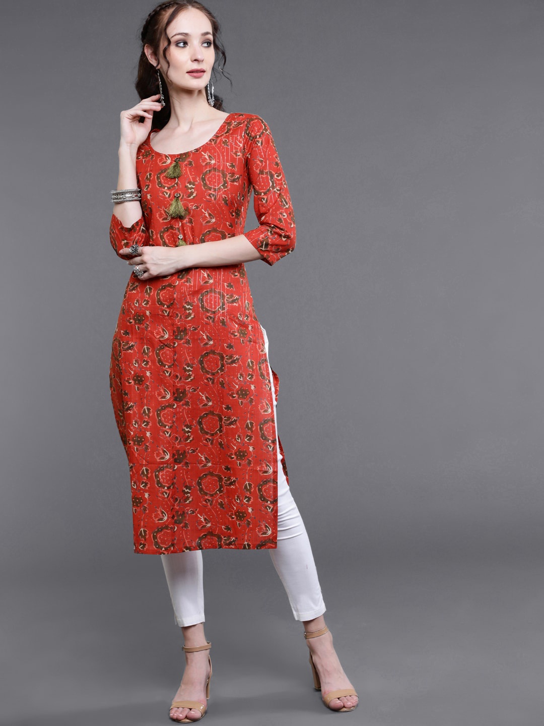 

saubhagya Women Floral Printed Pure Cotton Kurta, Rust