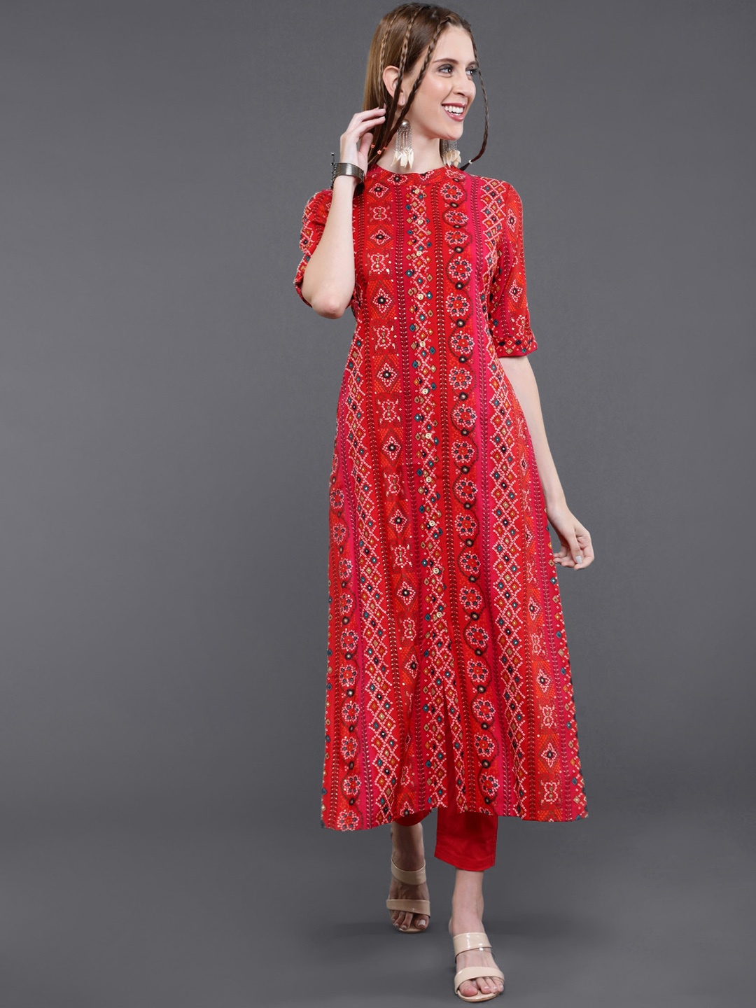 

saubhagya Women Bandhani Printed Thread Work Kurta, Red