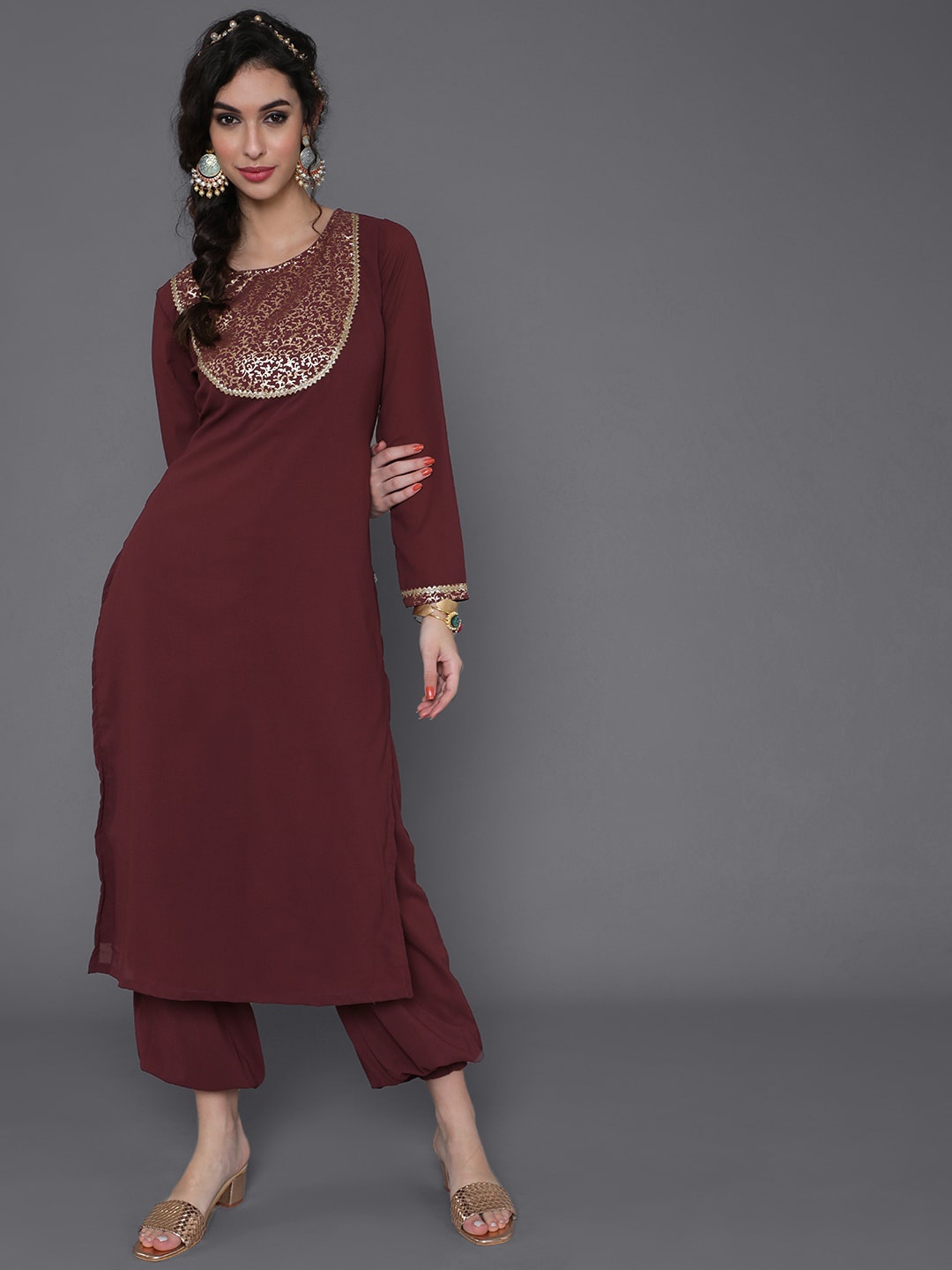 

saubhagya Women Ethnic Motifs Printed Gotta Patti Georgette Kurta, Burgundy