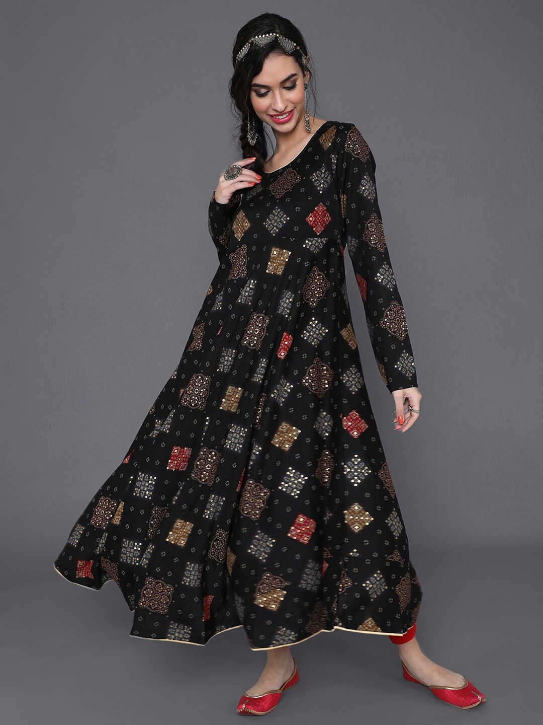 

saubhagya Women Ethnic Motifs Printed Anarkali Kurta, Black