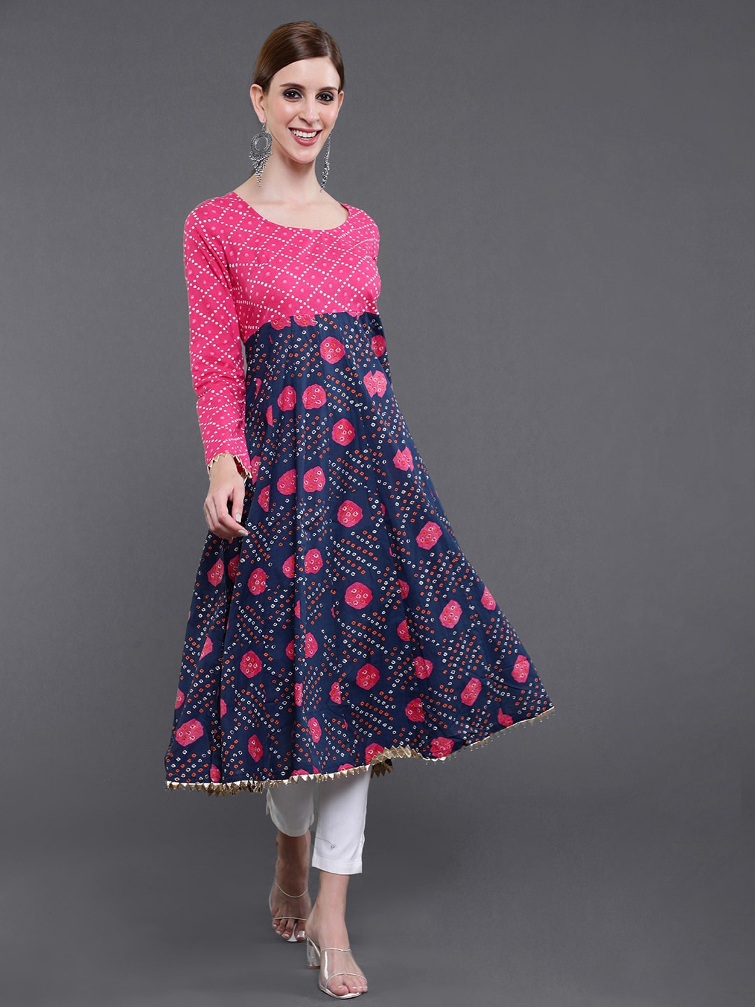 

saubhagya Bandhani Printed Anarkali Cotton Kurta, Navy blue