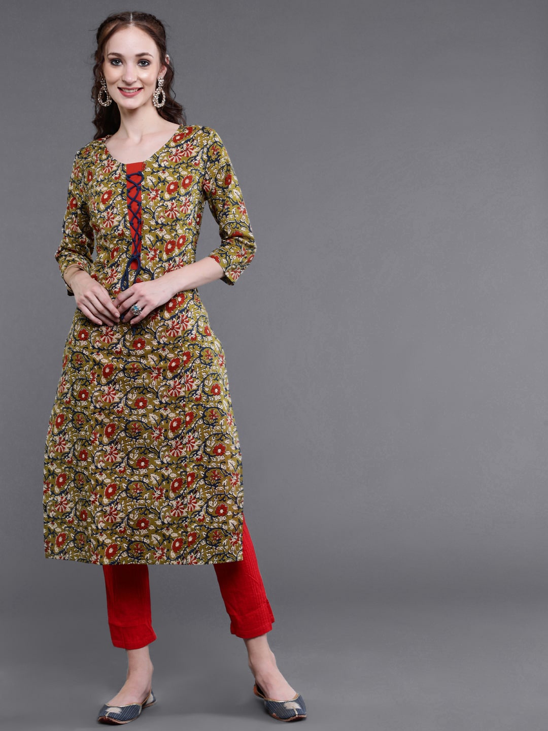 

saubhagya Women Floral Printed Pure Cotton Kurta, Green