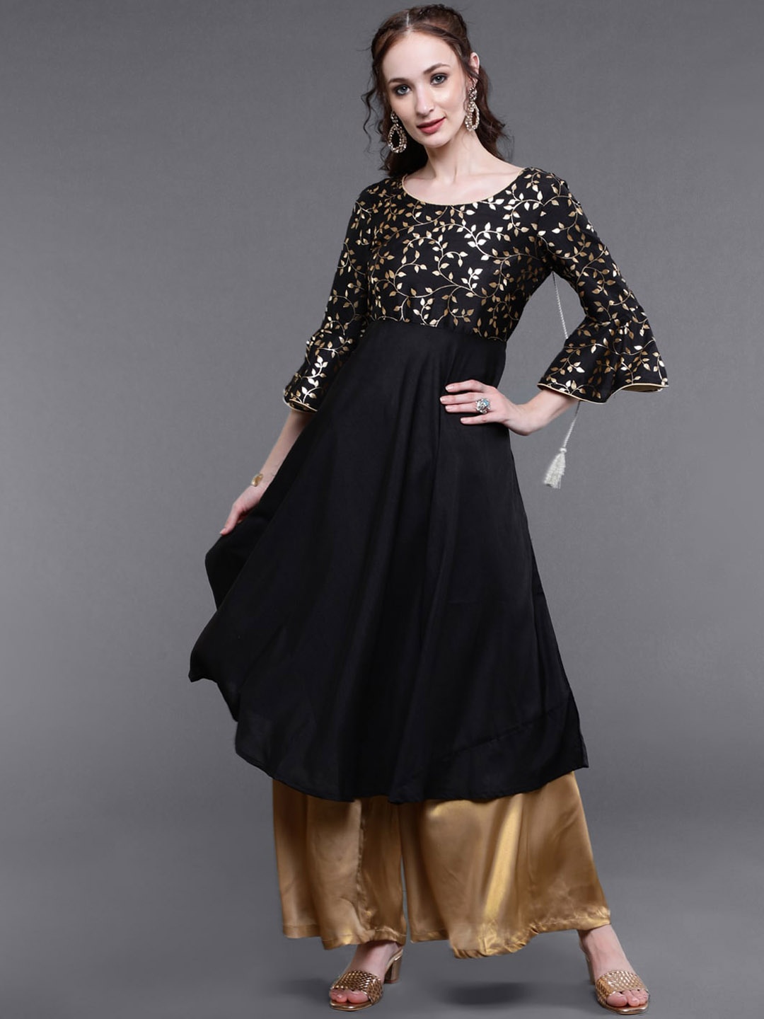 

saubhagya Women Floral Printed A-Line Kurta, Black