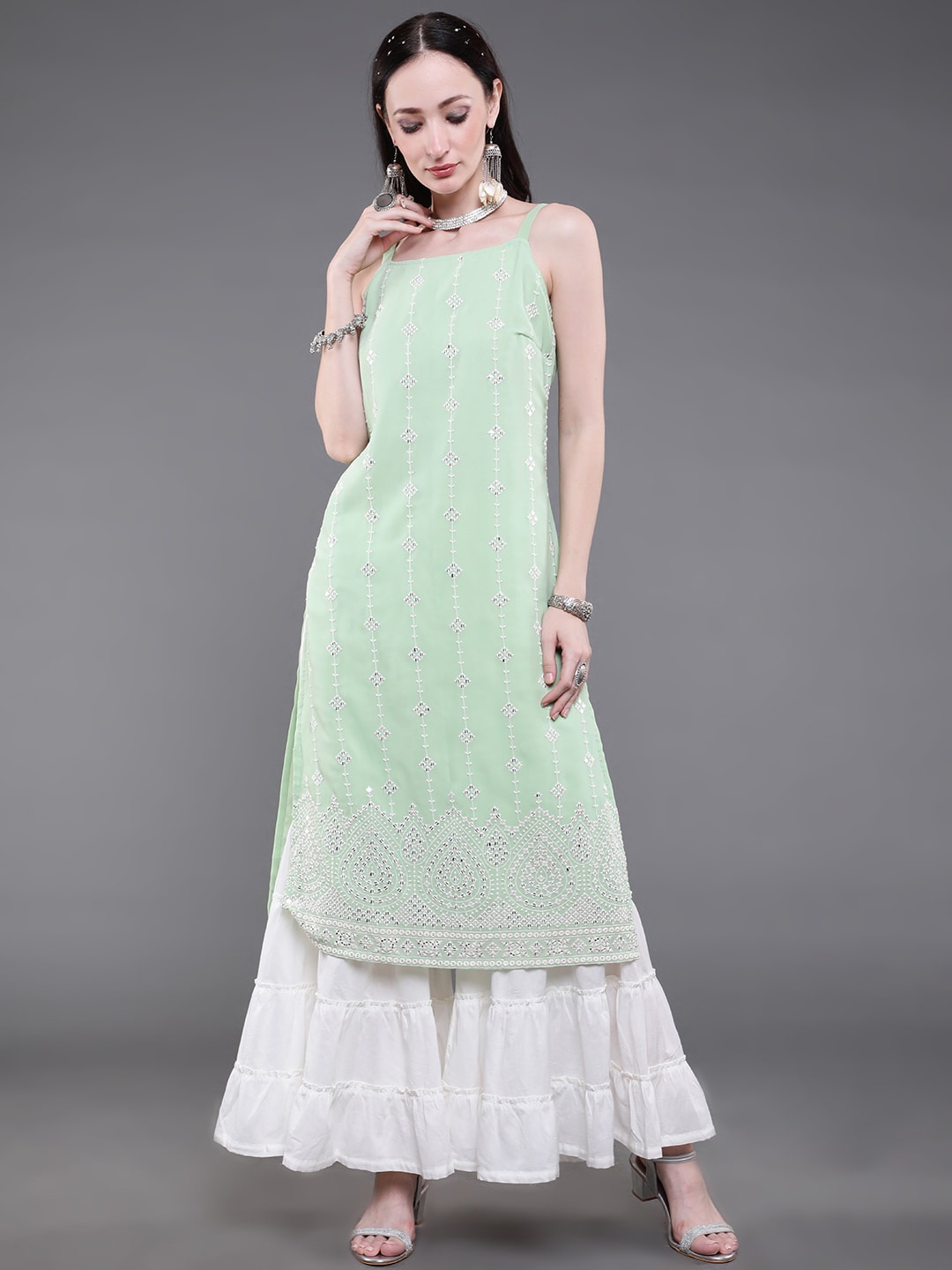 

saubhagya Ethnic Motifs Embroidered Mirror Work Straight Kurta, Green
