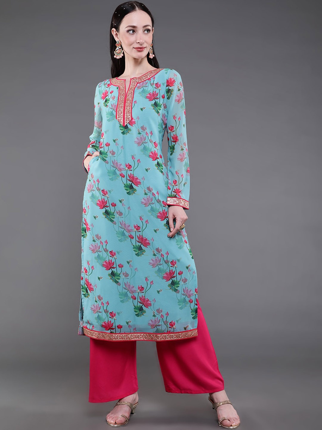 

saubhagya Women Floral Printed Georgette Kurta, Turquoise blue