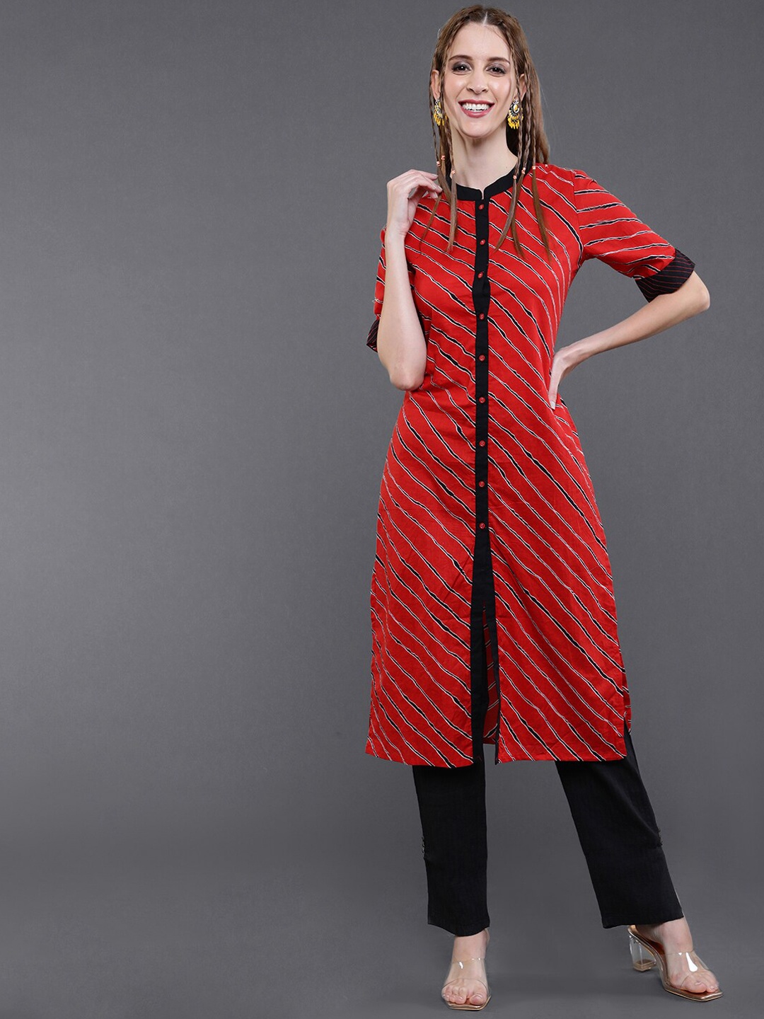 

saubhagya Women Leheriya Printed Pure Cotton Kurta, Red