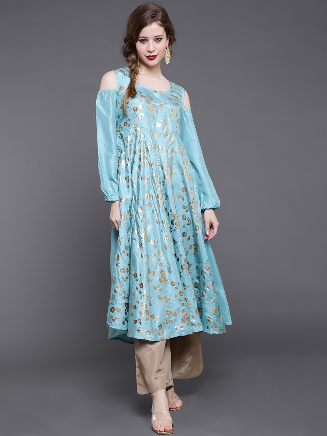 

saubhagya Floral Foil Printed Cold-Shoulder Sleeves Anarkali Kurta, Turquoise blue