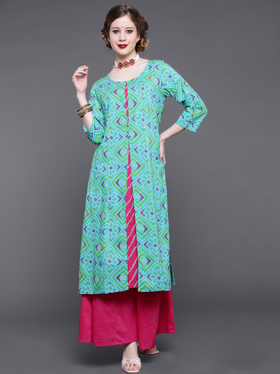 

saubhagya Bandhani Printed Cotton Kurta, Turquoise blue