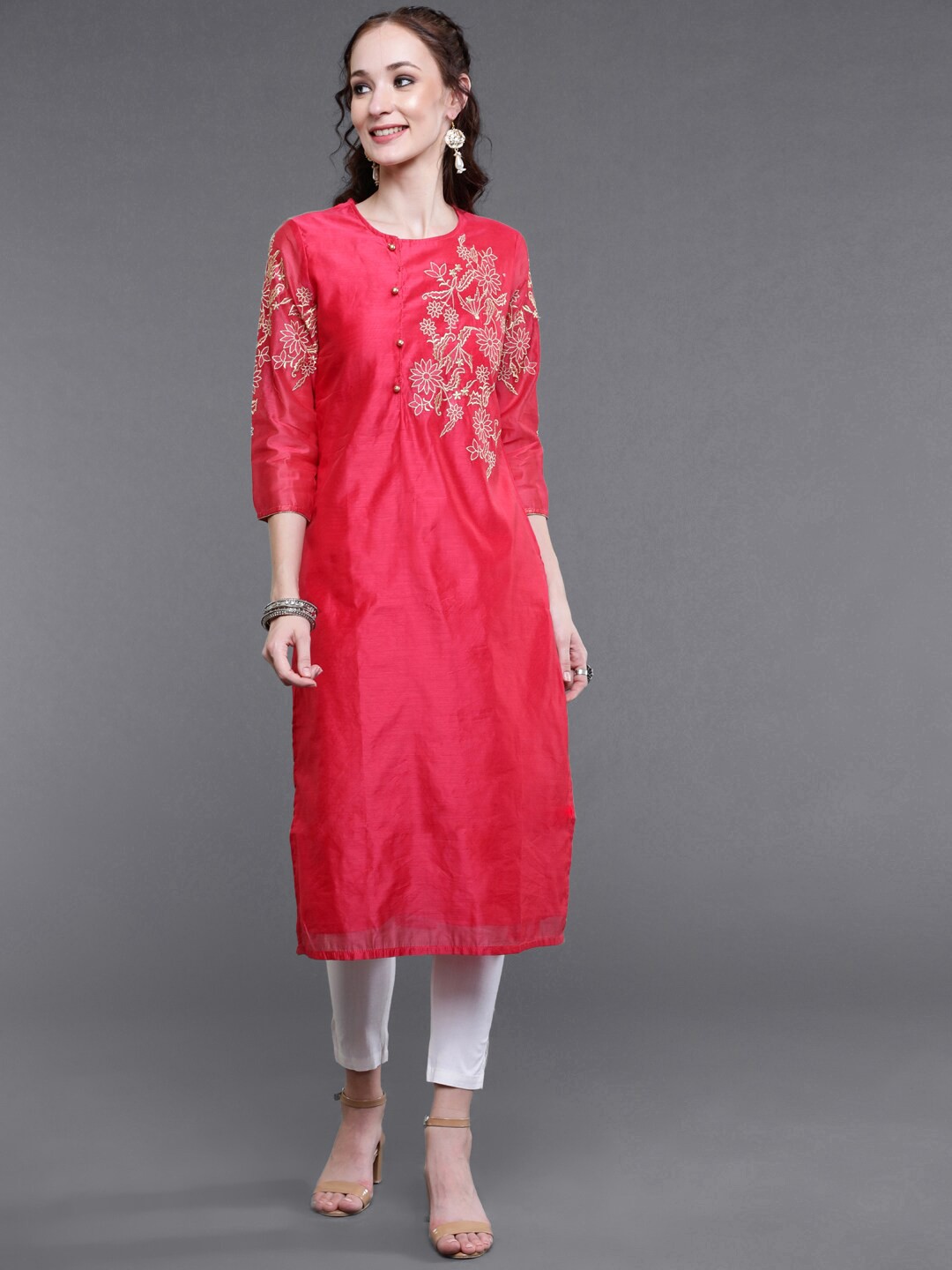 

saubhagya Women Floral Yoke Design Thread Work Kurta, Pink