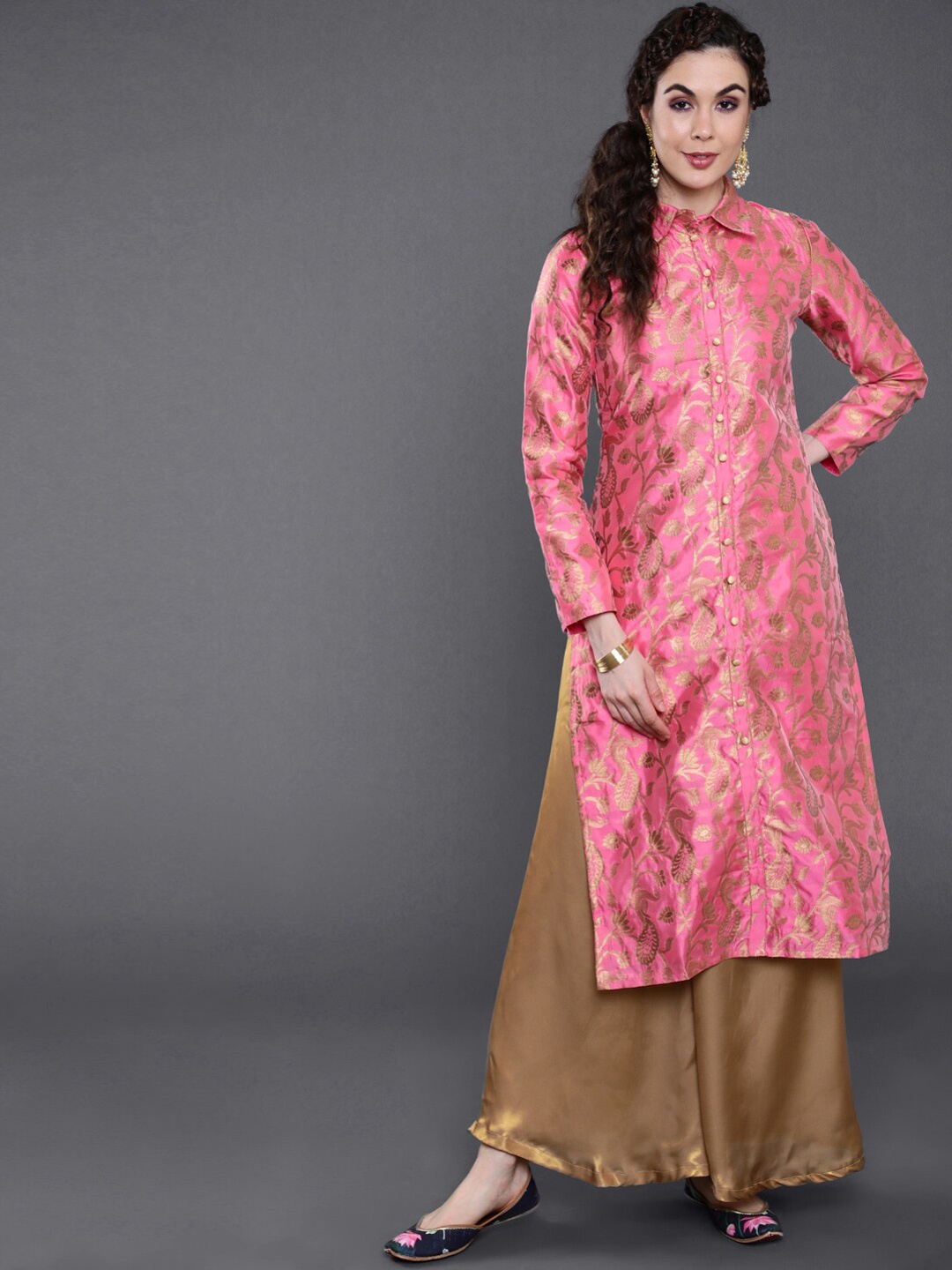 

saubhagya Women Shirt Collar Woven Design Silk Kurta, Pink